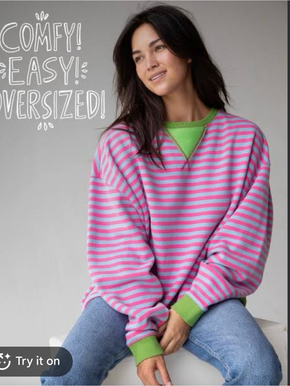 Natural Life oversized sweatshirt blue pink striped green trim boho size S/M